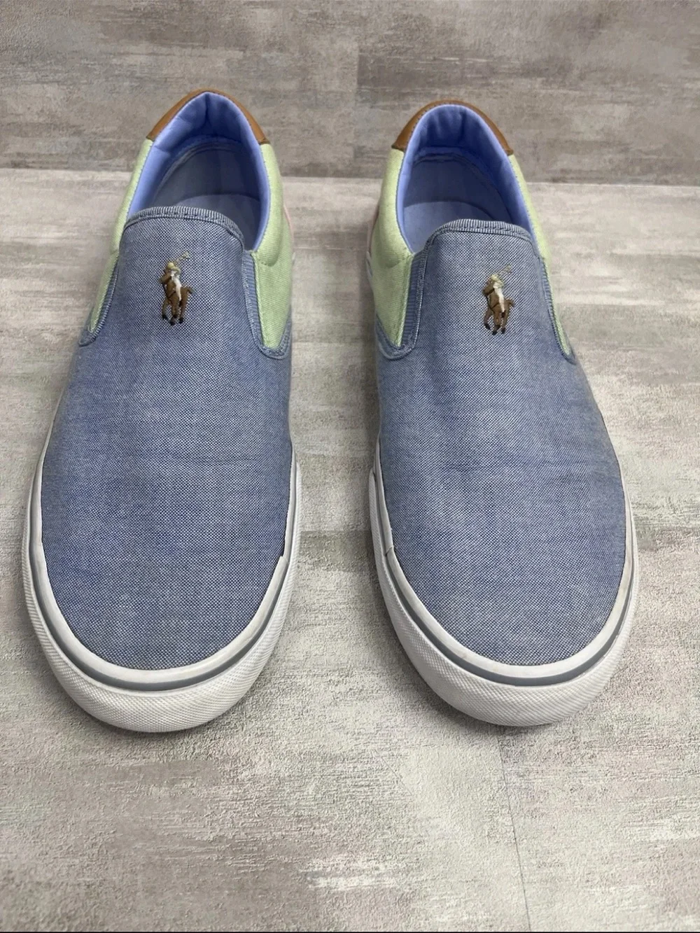 Polo Ralph Lauren Slip On Canvas Boat Shoes Men 11D Pastel Pink Blue Pink Green